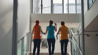 A group of people inside a room engage in cleaning or maintenance activities. One person sweeps the floor with a broom while others stand and observe, smiling or gesturing. The room has wooden structures and a child rests on a bed nearby.