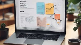 A laptop displaying a website design with the phrase 'Build your dream website.' next to a minimalistic building image. The scene also includes a modern mug and a smartphone placed on a wooden desk.