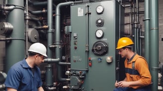A large industrial space with massive machinery, including engines and generators. Two workers are operating and maintaining the equipment on a checkered floor under a high ceiling with steel beams.