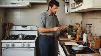 a man in a kitchen with a stove top