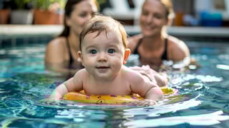 a baby in a swimming pool with a woman in the background