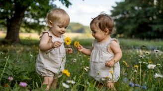 two toddler girls in white overalls, standing in a field