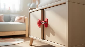 a cabinet with a red handle