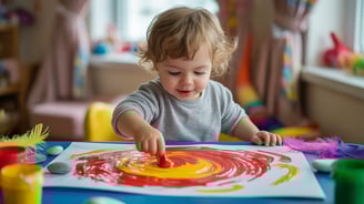 a toddler is playing with a painting