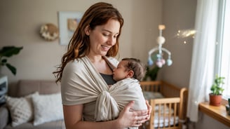 a woman holding a baby in a sling bag