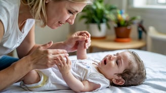 a woman is holding a baby's hand while she is holding her hands up