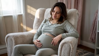 a pregnant woman sitting in a chair with her belly in a chair