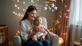 a woman holding a baby in a chair