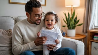 a man and a baby girl are sitting on a couch