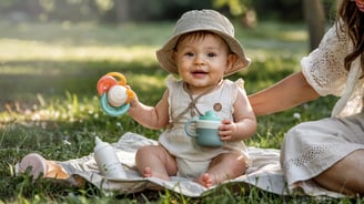 a baby girl sitting on a blanket in the grass