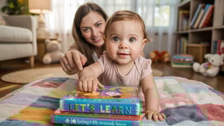 a baby girl sitting on a blanket with her mother