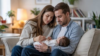 a man and woman sitting on a couch with a baby