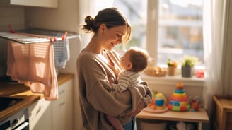 a woman holding a baby in her arms