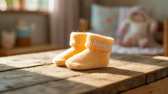 a baby booties on a wooden table