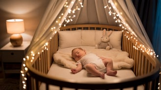 a baby in a crib with a white bed and a teddy bear