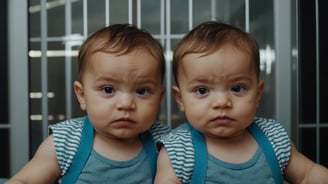twin baby boys sitting on a table with their hands on their backs