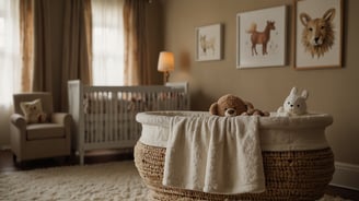 a baby's room with a bassinet