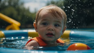 a baby in a pool with a ball in the water