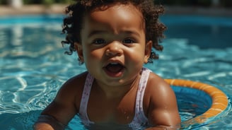 a baby girl in a swimsuit in a pool