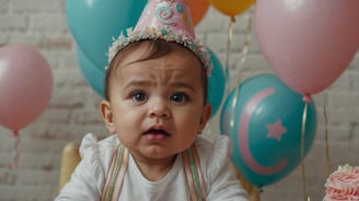 a baby girl wearing a birthday hat at her birthday celebration