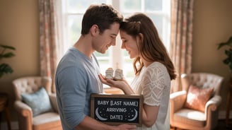 a man and woman holding a baby sign
