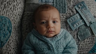 a baby is sitting in a chair with a name tag on it