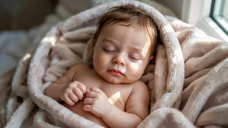 a baby sleeping in a blanket on a bed