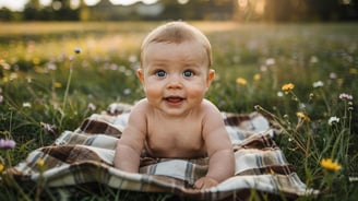 a baby is smiling and sitting on a blanket