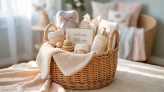a basket with a baby shower and a welcome sign