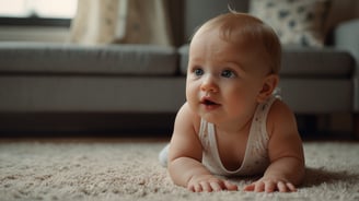 a baby is laying on the carpet in a living room