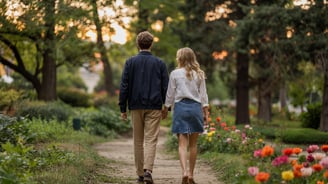 a man and woman walking down a path in a park