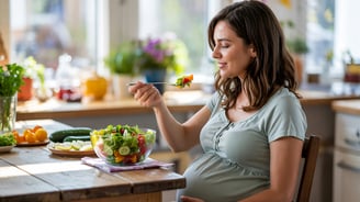 pregnant woman eating salad