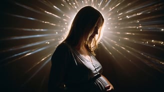 a pregnant woman in a dark room with a bright light shining through the lens