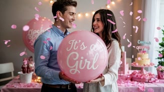 a man and woman holding a pink balloon