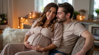 a pregnant woman and her husband are sitting on a couch