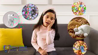 a girl is sitting on a couch with toothache problem