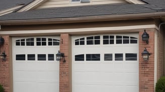 A garage door with horizontal panels and a small rectangular window located near the top left corner. Above the door, there's a section of textured brick wall illuminated by light, creating a contrast between the bright and shadowed areas.