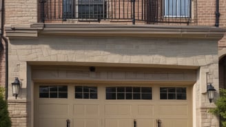 A decorative garage door with horizontal stripes in a variety of bright colors. Above the door is a sign with blue letters reading 'Humber'. The building facade is light-colored and the ground is paved.