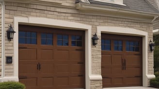 A brightly colored garage door with a bold yellow hue is flanked by a teal pillar and a section of purple under the red tiled roof. A distinctive shadow pattern is cast on the door, creating a geometric design.