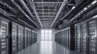 A corridor inside a data center with rows of server racks enclosed within glass panels. Overhead lighting brightly illuminates the area, and perforated floors suggest climate control measures.