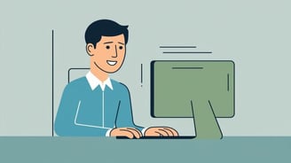 a man sitting at a desk with a computer and a computer
