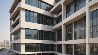 A modern two-story building under construction features a facade with large windows and a decorative wall covered in artificial greenery. Scaffolding is present in front of the building, indicating ongoing work. The structure has a clean, minimalist design with a combination of light gray and white tones.