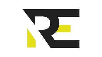 a black and yellow logo with the letter r