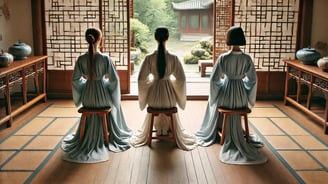 Ancient Chinese ladies meditating in a room