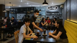 a man and woman sitting at a table with coffee