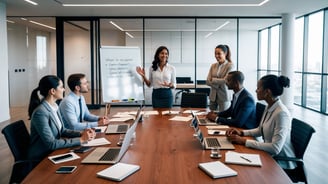 Professionals collaborating in a modern office setting, highlighting teamwork and strategic planning