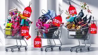 Showcase online shopping experiences, shopping carts filled with products, or digital discount tags.