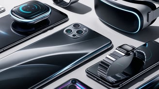 Latest tech devices such as smartphones, smartwatches, or VR headsets to showcase innovation.
