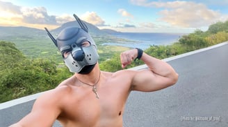 A shirtless man in a pup mask flexing and posing on Hawaii vista. @kitsune_of_troy