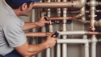 A person wearing red and black gloves is using a screwdriver to work on the underside of a metallic appliance. The appliance is mounted and has visible pipes connected to it. The person's forearm shows a tattoo.
